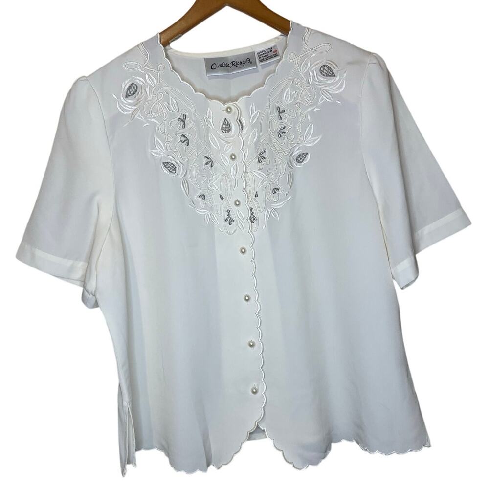 VTG Claudia Richard Scalloped Pearl Button Up Silver Embroidered Blouse 14